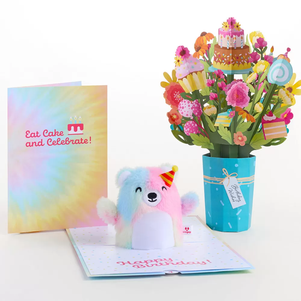 Lovepop Card & Gift Bundles | Plushpop | Eat Cake and Celebrate' Birthday Plushpop Card and Bouquet Bundle