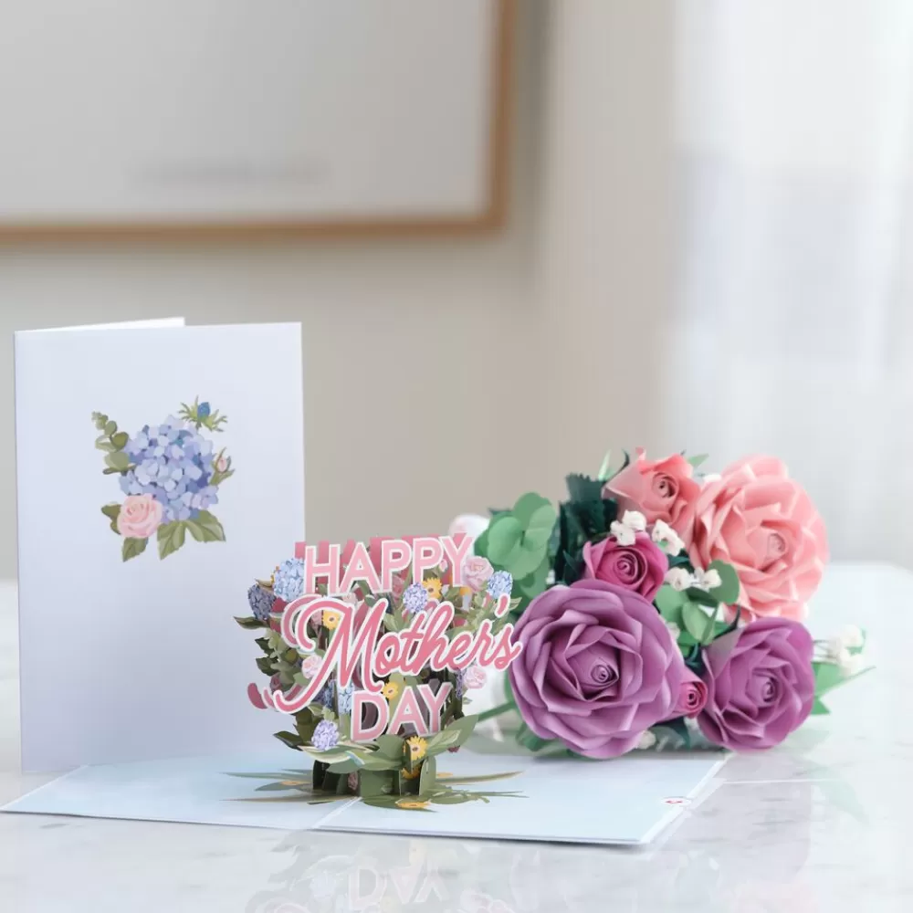 Lovepop Pop-Up Bouquets | Card & Gift Bundles | Handcrafted Paper Flowers: Pink & Purple Roses (6 Stems) with Happy Mother's Day Pop-Up Card