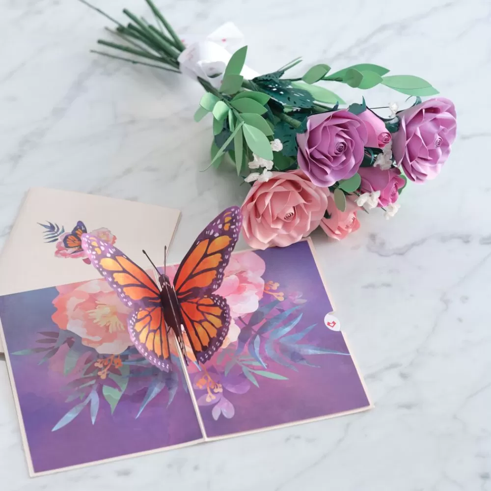 Lovepop Pop-Up Bouquets | Card & Gift Bundles | Handcrafted Paper Flowers: Pink & Purple Roses (6 Stems) with Monarch Butterfly Pop-Up Card