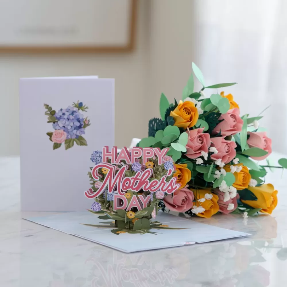 Lovepop Pop-Up Bouquets | Handcrafted Paper Flowers | Handcrafted Paper Flowers: Pink & Yellow Roses (12 Stems) with Happy Mother's Day Pop-Up Card