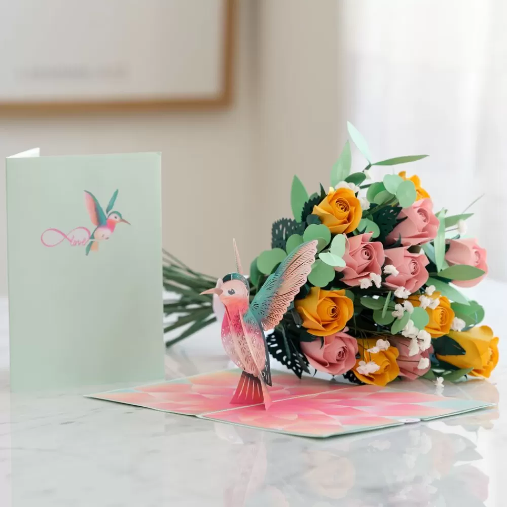 Lovepop Pop-Up Bouquets | Handcrafted Paper Flowers | Handcrafted Paper Flowers: Pink & Yellow Roses (12 Stems) with Lovely Hummingbird Pop-Up Card