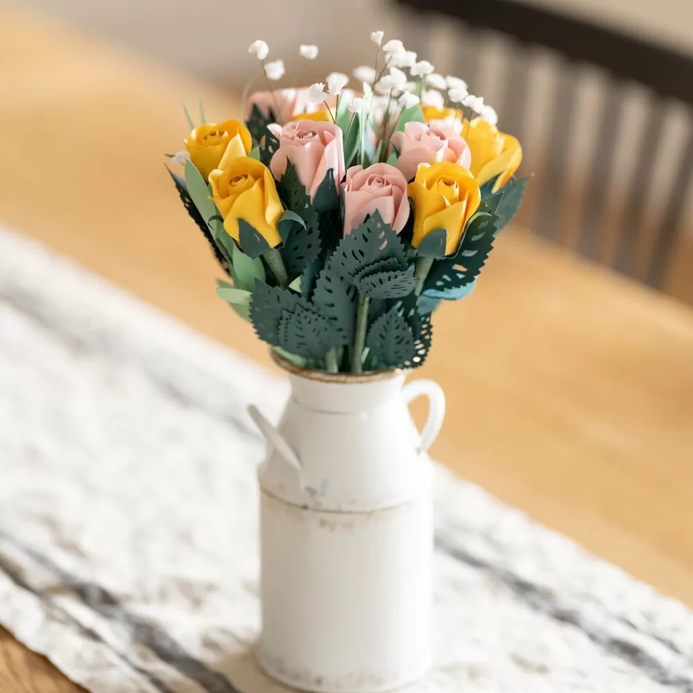 Lovepop Pop-Up Bouquets | Handcrafted Paper Flowers | Handcrafted Paper Flowers: Pink & Yellow Roses (12 Stems) with Lovely Hummingbird Pop-Up Card
