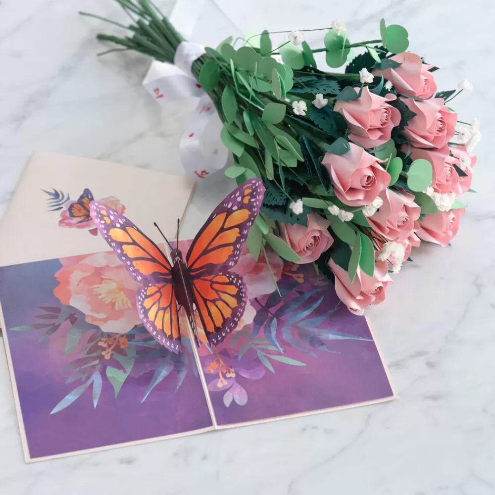 Lovepop Pop-Up Bouquets | Handcrafted Paper Flowers | Handcrafted Paper Flowers: Pink Roses (12 Stems) with Monarch Butterfly Pop-Up Card