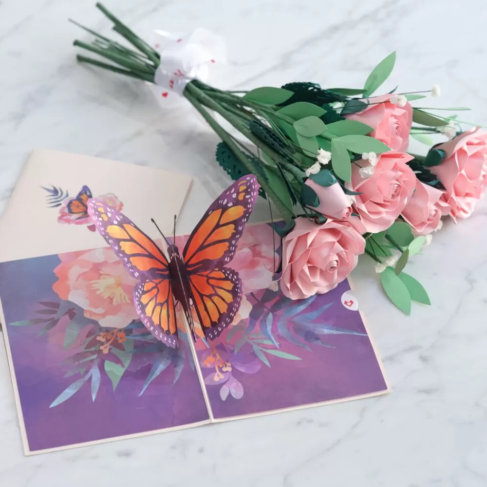 Lovepop Pop-Up Bouquets | Card & Gift Bundles | Handcrafted Paper Flowers: Pink Roses (6 Stems) with Monarch Butterfly Pop-Up Card