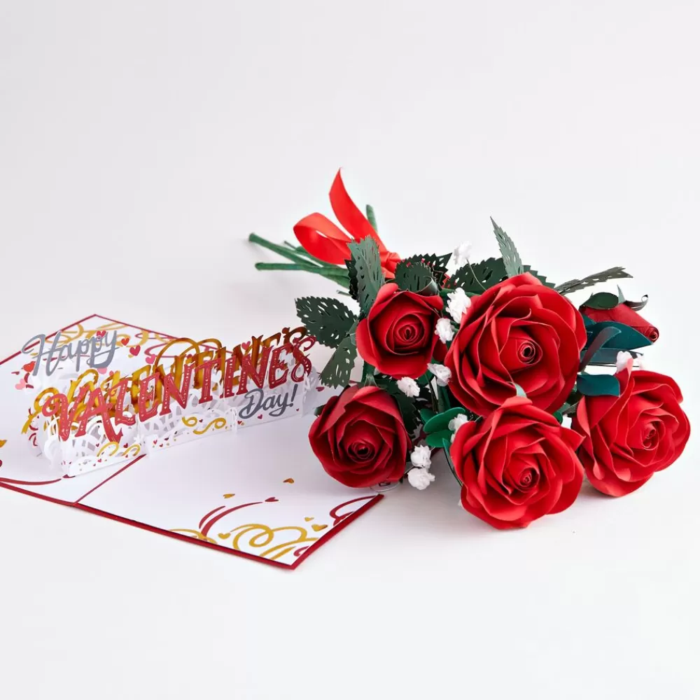 Lovepop Pop-Up Bouquets | Card & Gift Bundles | Handcrafted Paper Flowers: Red Roses (6 Stems) with Happy Valentine's Day Pop-Up Card