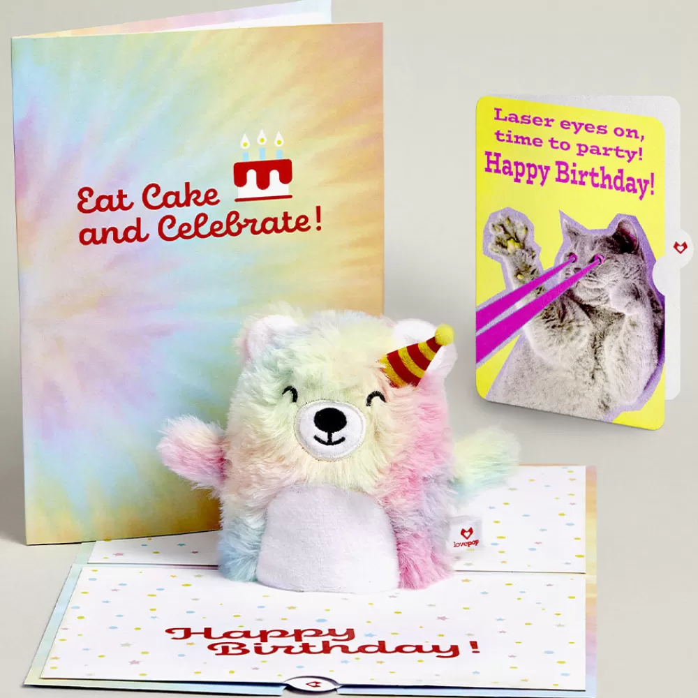 Lovepop Plushpop | Birthday | Rainbow Bear with Cat Laser Eyes Birthday Plushpop Card and Sentiment Set