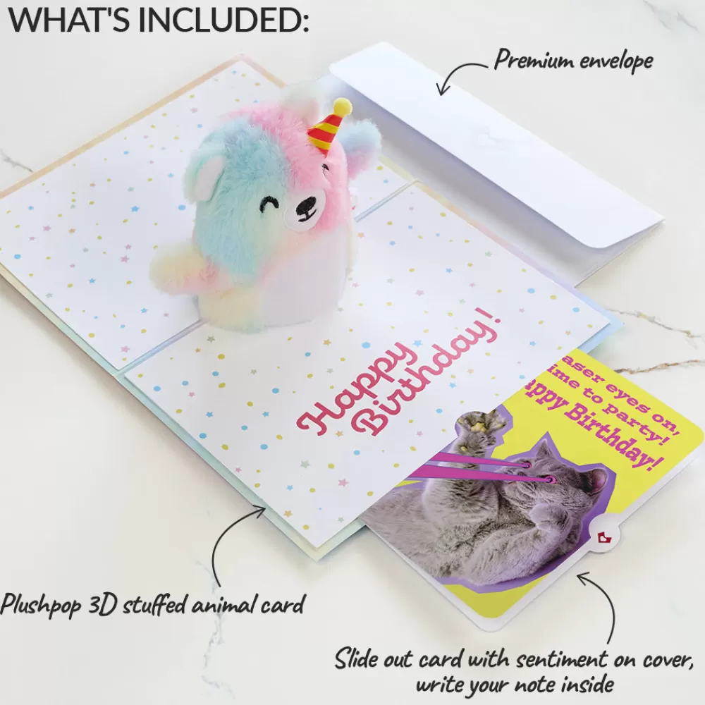 Lovepop Plushpop | Birthday | Rainbow Bear with Cat Laser Eyes Birthday Plushpop Card and Sentiment Set