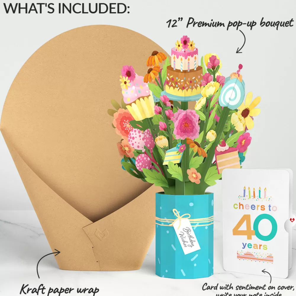 Lovepop Pop-Up Bouquets | Sweet 40th Birthday Wishes Bouquet and Confetti Cake Sentiment Set